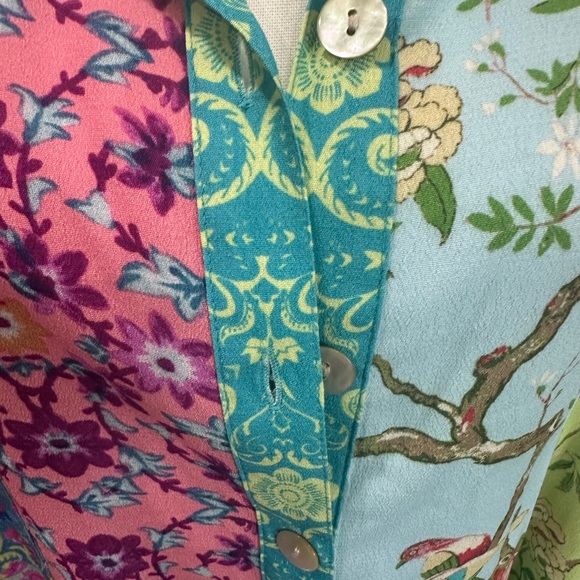 NWT John Mark Teal pink green artsy floral bohemian roll tab Shirt 1x - Picture 2 of 11